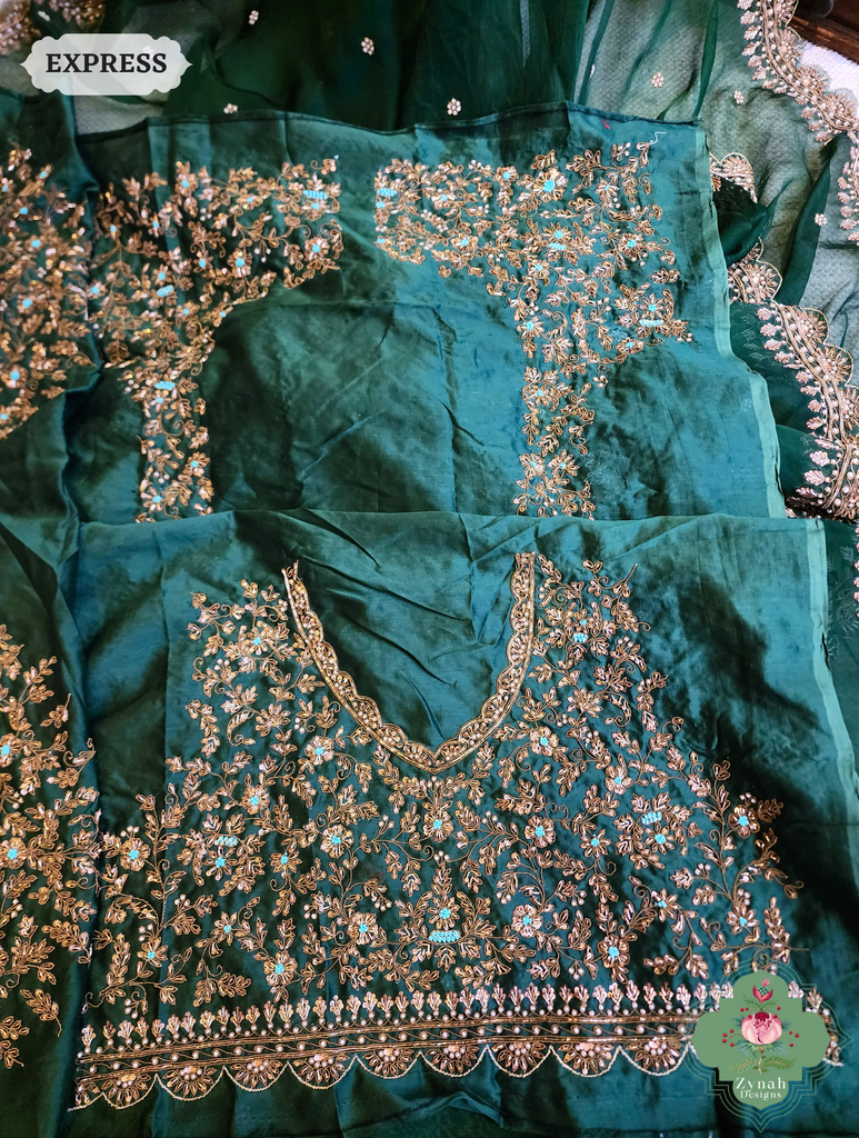 Zynah Bottle Green Organza Silk Saree With Zardozi & Maggam Hand Embroidery; Custom Stitched/Ready-made Blouse, Fall, Petticoat; SKU: 0708202402