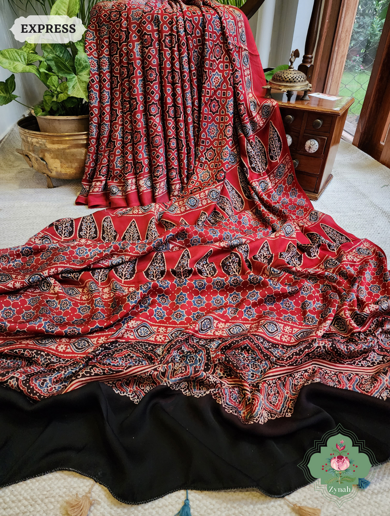 Madder Red Ajrakh Modal Silk Saree, Crafted Using The Traditional Method Of Hand Block Printing Using 100% Natural Dyes