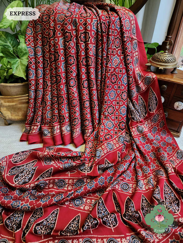 Madder Red Ajrakh Modal Silk Saree, Crafted Using The Traditional Method Of Hand Block Printing Using 100% Natural Dyes