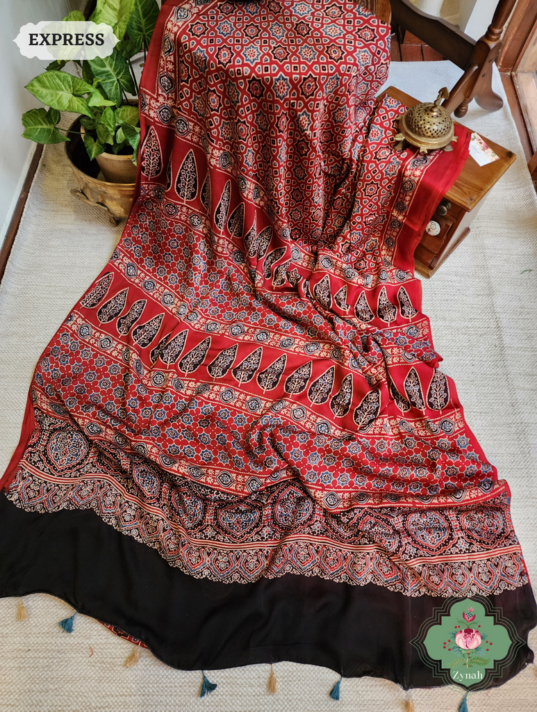 Madder Red Ajrakh Modal Silk Saree, Crafted Using The Traditional Method Of Hand Block Printing Using 100% Natural Dyes