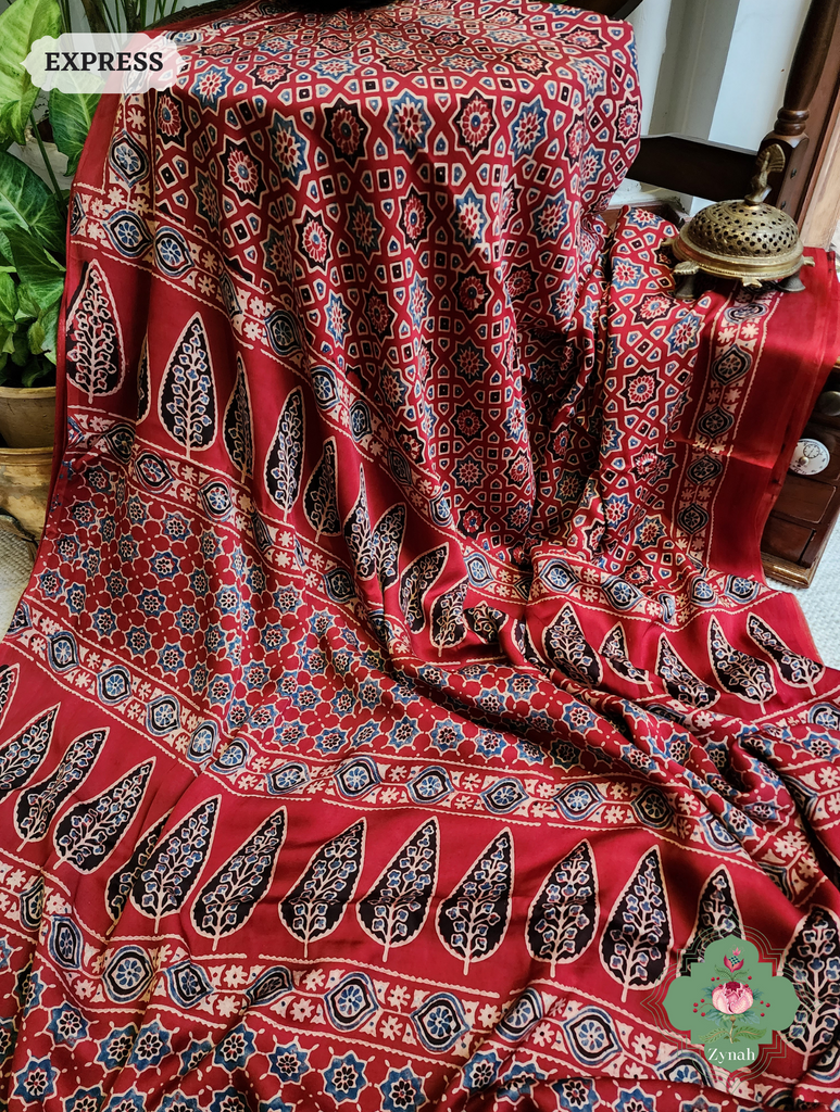 Madder Red Ajrakh Modal Silk Saree, Crafted Using The Traditional Method Of Hand Block Printing Using 100% Natural Dyes