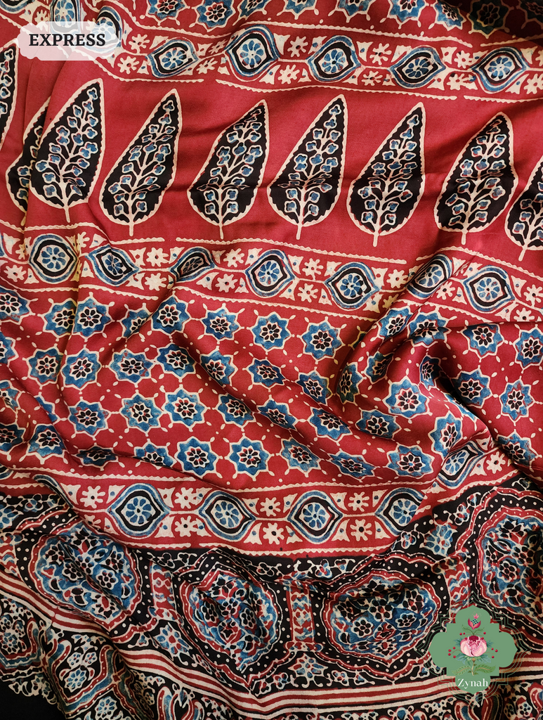 Madder Red Ajrakh Modal Silk Saree, Crafted Using The Traditional Method Of Hand Block Printing Using 100% Natural Dyes