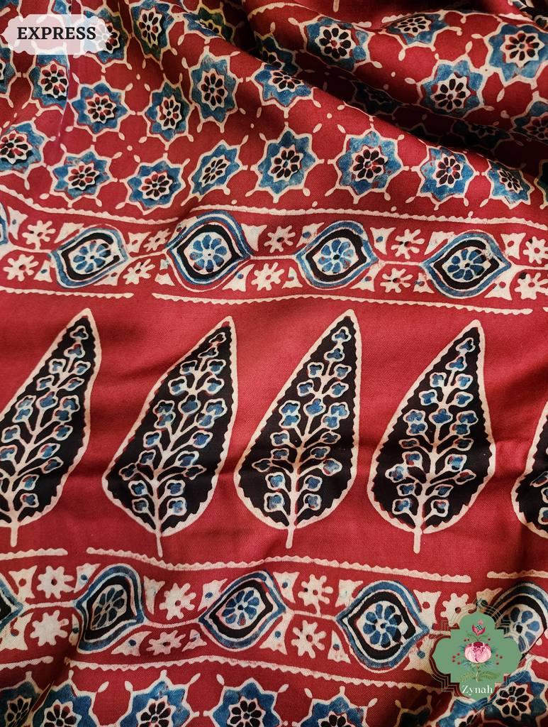 Madder Red Ajrakh Modal Silk Saree, Crafted Using The Traditional Method Of Hand Block Printing Using 100% Natural Dyes