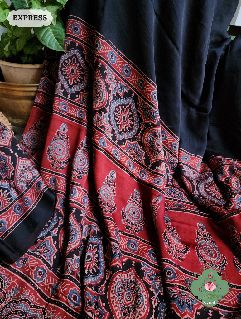 Black & Red Ajrakh Modal Silk Saree, Crafted Using The Traditional Method Of Hand Block Printing Using 100% Natural Dyes