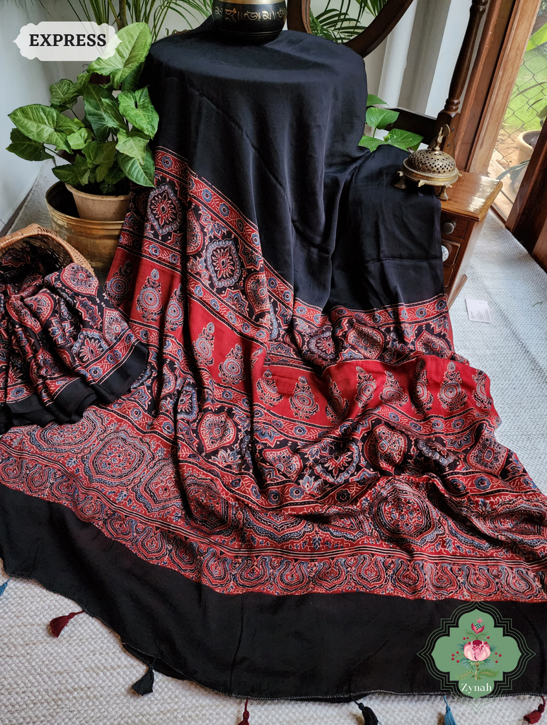 Black & Red Ajrakh Modal Silk Saree, Crafted Using The Traditional Method Of Hand Block Printing Using 100% Natural Dyes