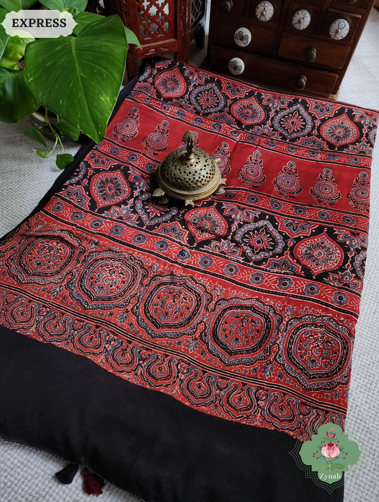Madder Red Ajrakh Modal Silk Saree, Crafted Using The Traditional Method Of Hand Block Printing Using 100% Natural Dyes