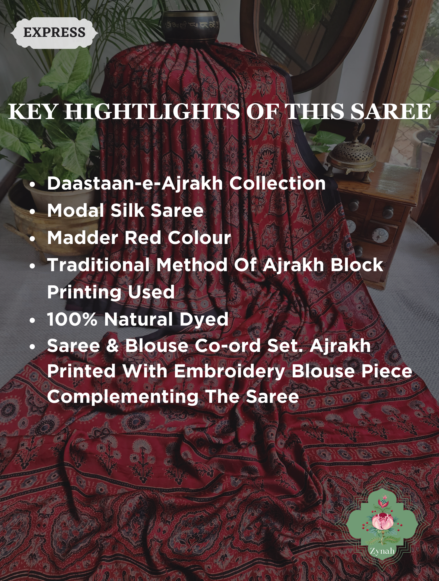 Madder Red Ajrakh Modal Silk Saree, Crafted Using The Traditional Method Of Hand Block Printing Using 100% Natural Dyes Madder Red Ajrakh Modal Silk Saree, Crafted Using The Traditional Method Of Hand Block Printing Using 100% Natural Dyes