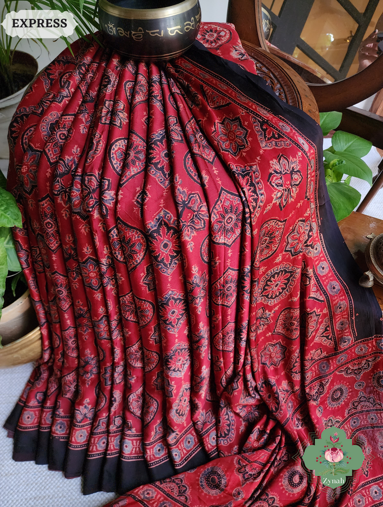 Madder Red Ajrakh Modal Silk Saree, Crafted Using The Traditional Method Of Hand Block Printing Using 100% Natural Dyes