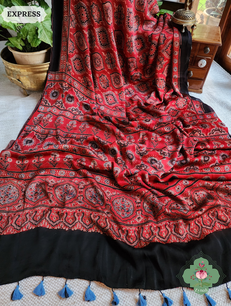 Madder Red Ajrakh Modal Silk Saree, Crafted Using The Traditional Method Of Hand Block Printing Using 100% Natural Dyes