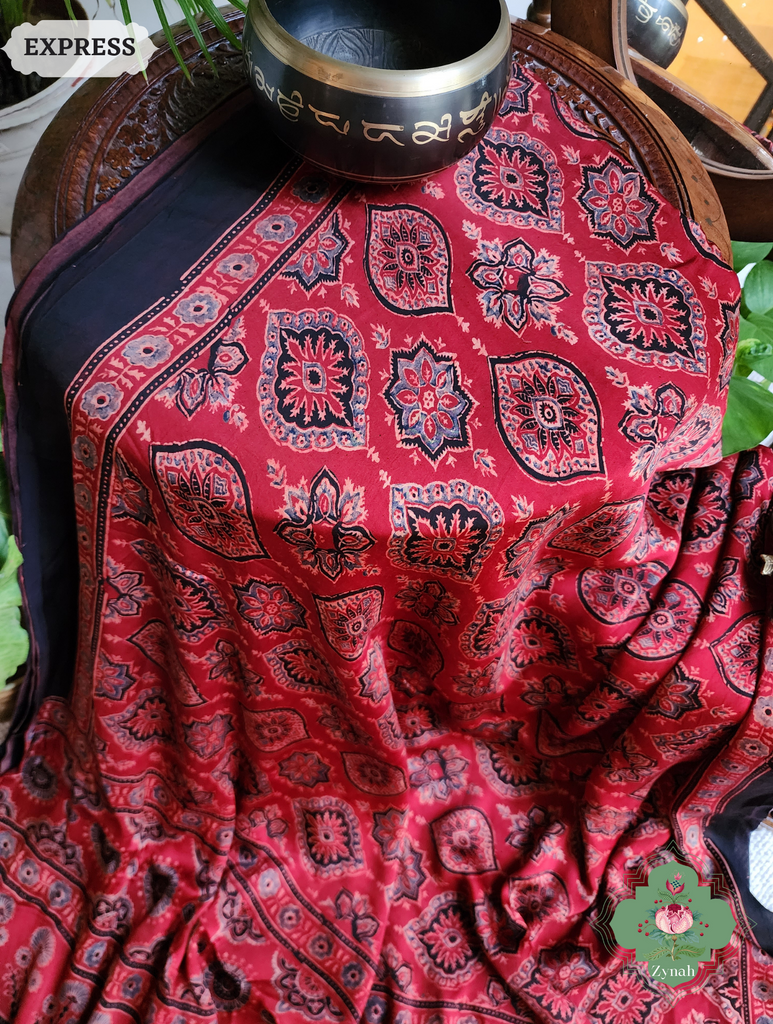 Madder Red Ajrakh Modal Silk Saree, Crafted Using The Traditional Method Of Hand Block Printing Using 100% Natural Dyes