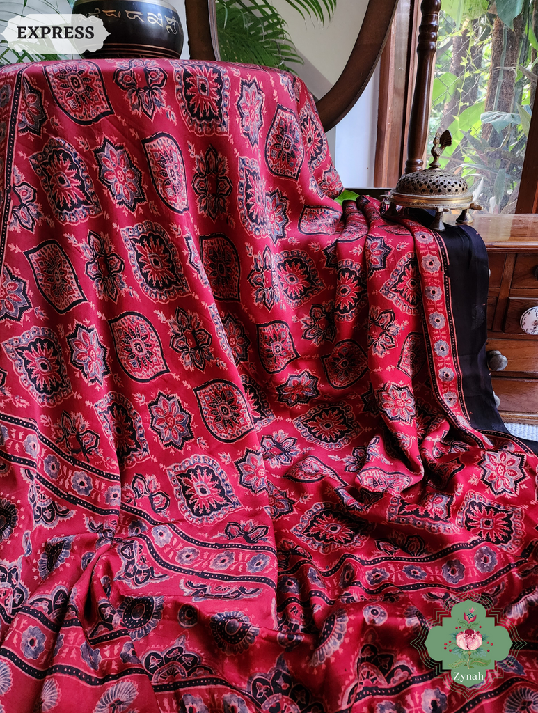 Madder Red Ajrakh Modal Silk Saree, Crafted Using The Traditional Method Of Hand Block Printing Using 100% Natural Dyes