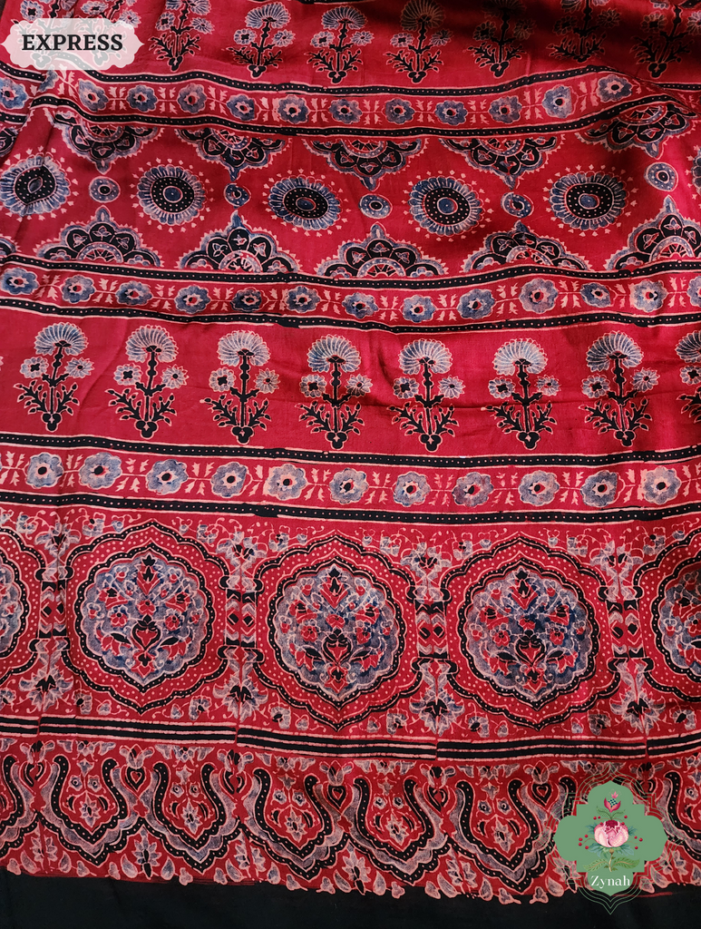 Madder Red Ajrakh Modal Silk Saree, Crafted Using The Traditional Method Of Hand Block Printing Using 100% Natural Dyes