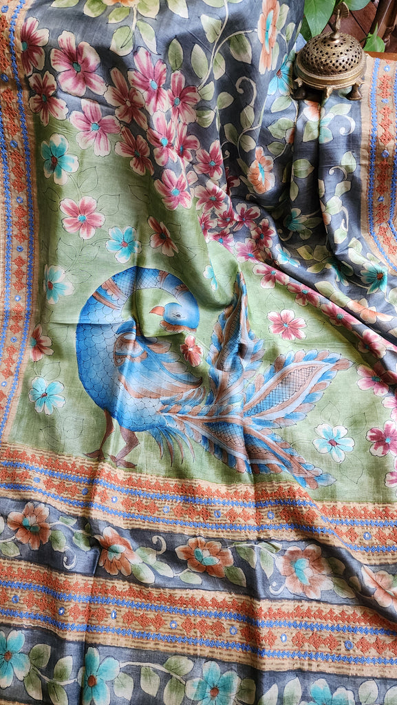 Zynah Pure Tussar Silk Hanpainted Kalamkari Saree with hand-embroidery; Custom Stitched/Ready-made Blouse, Fall, Petticoat; Shipping available USA, Worldwide