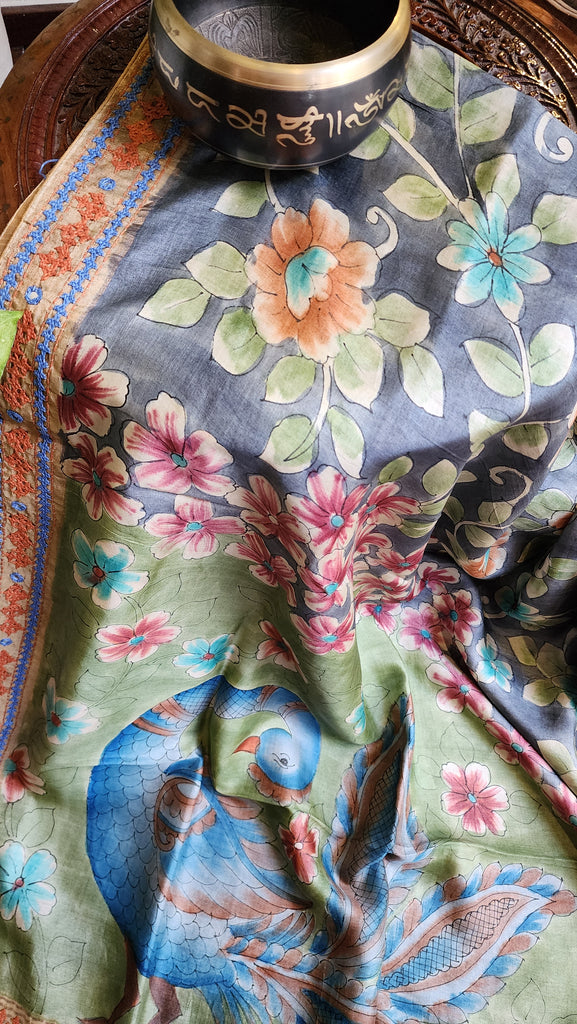 Zynah Pure Tussar Silk Hanpainted Kalamkari Saree with hand-embroidery; Custom Stitched/Ready-made Blouse, Fall, Petticoat; Shipping available USA, Worldwide