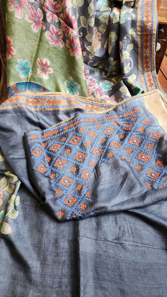 Zynah Pure Tussar Silk Hanpainted Kalamkari Saree with hand-embroidery; Custom Stitched/Ready-made Blouse, Fall, Petticoat; Shipping available USA, Worldwide