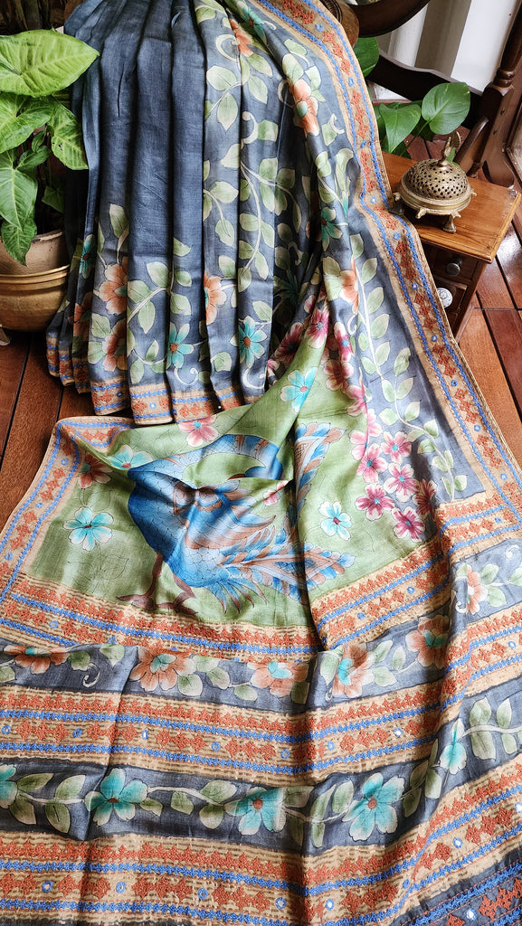 Zynah Pure Tussar Silk Hanpainted Kalamkari Saree with hand-embroidery; Custom Stitched/Ready-made Blouse, Fall, Petticoat; Shipping available USA, Worldwide