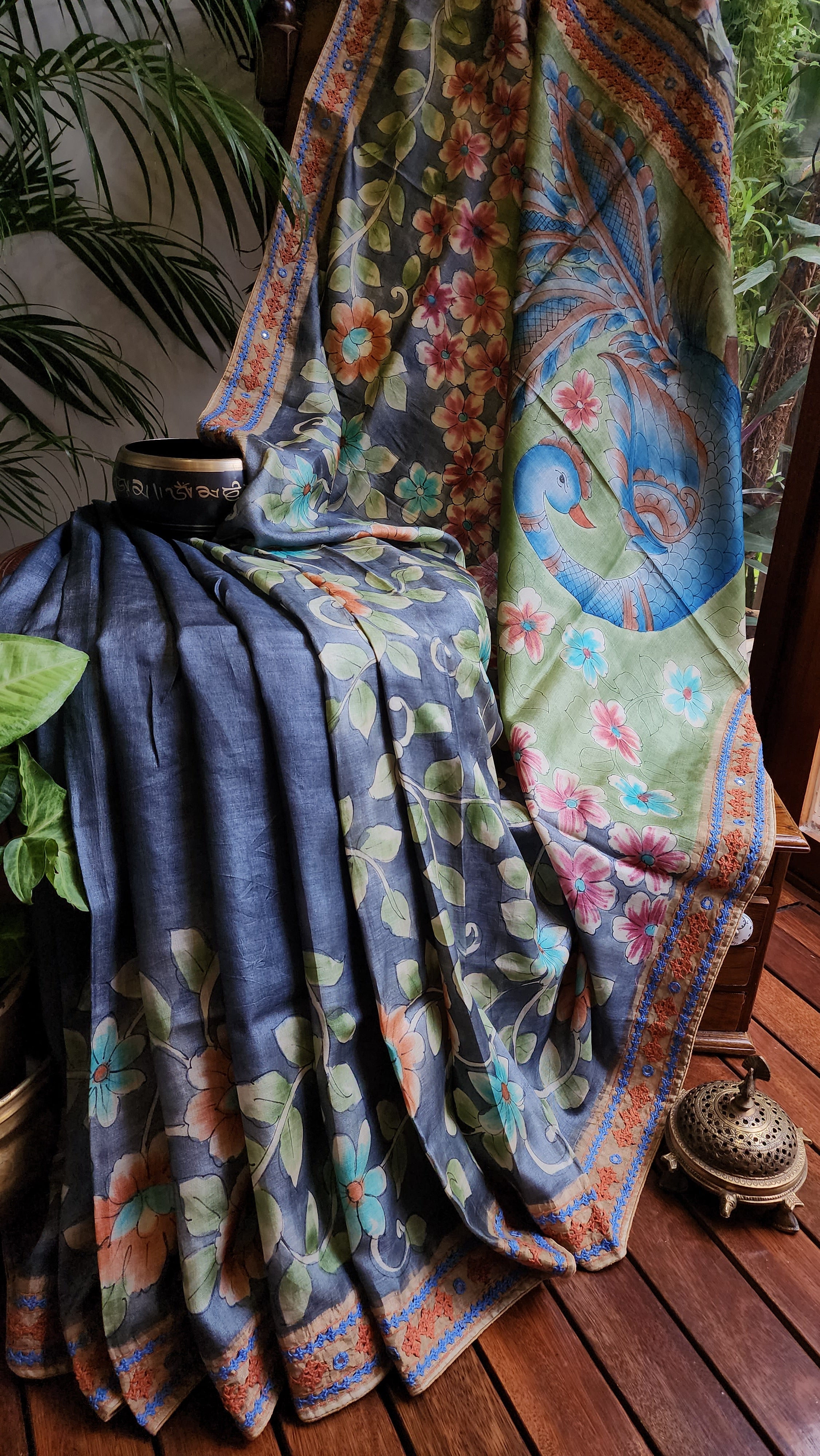 Zynah Pure Tussar Silk Hanpainted Kalamkari Saree with hand-embroidery; Custom Stitched/Ready-made Blouse, Fall, Petticoat; Shipping available USA, Worldwide Zynah Pure Tussar Silk Hanpainted Kalamkari Saree with hand-embroidery; Custom Stitched/Ready-made Blouse, Fall, Petticoat; Shipping available USA, Worldwide
