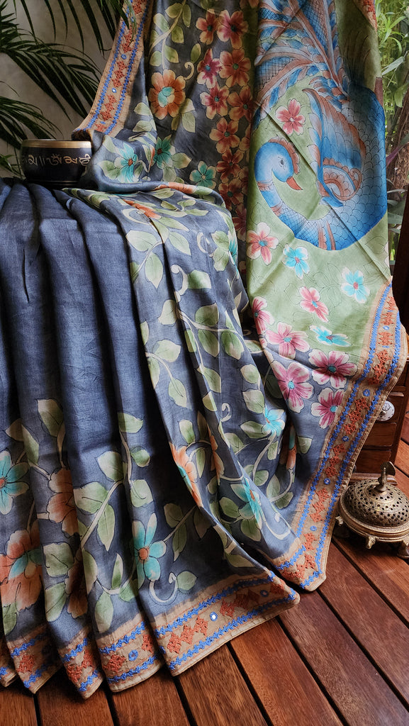 Zynah Pure Tussar Silk Hanpainted Kalamkari Saree with hand-embroidery; Custom Stitched/Ready-made Blouse, Fall, Petticoat; Shipping available USA, Worldwide