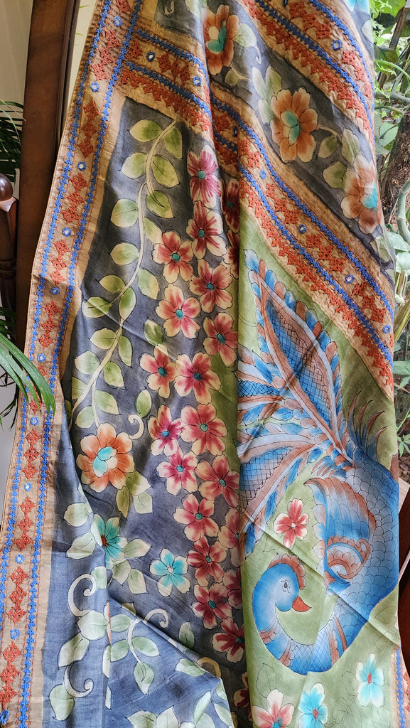 Zynah Pure Tussar Silk Hanpainted Kalamkari Saree with hand-embroidery; Custom Stitched/Ready-made Blouse, Fall, Petticoat; Shipping available USA, Worldwide