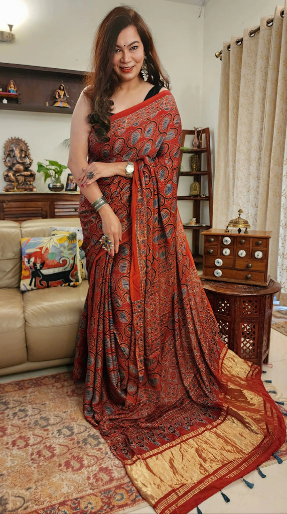 Zynah Madder Red Modal Silk Lotus Blocks Ajrakh Saree With Zari Lagdi Patta on Pallu; Custom Stitched/Ready-made Blouse, Fall, Petticoat; SKU:1701202301
