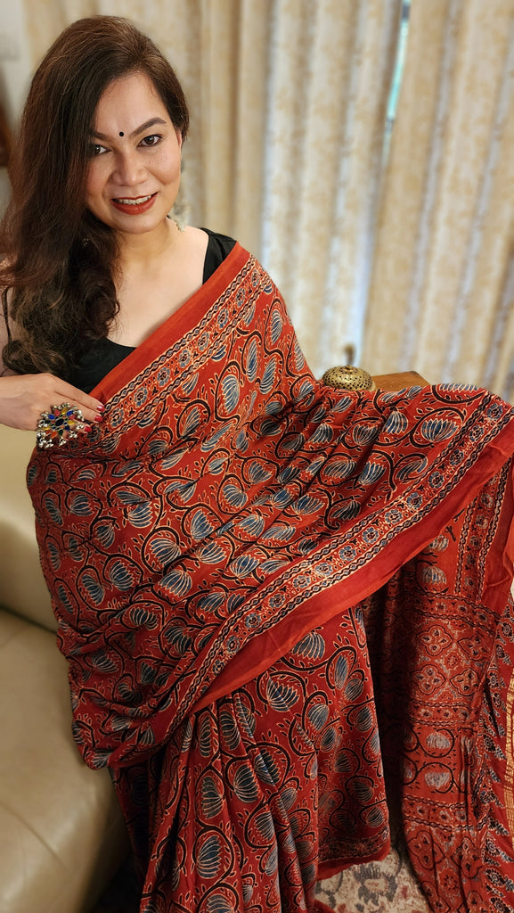 Zynah Madder Red Modal Silk Lotus Blocks Ajrakh Saree With Zari Lagdi Patta on Pallu; Custom Stitched/Ready-made Blouse, Fall, Petticoat; SKU:1701202301