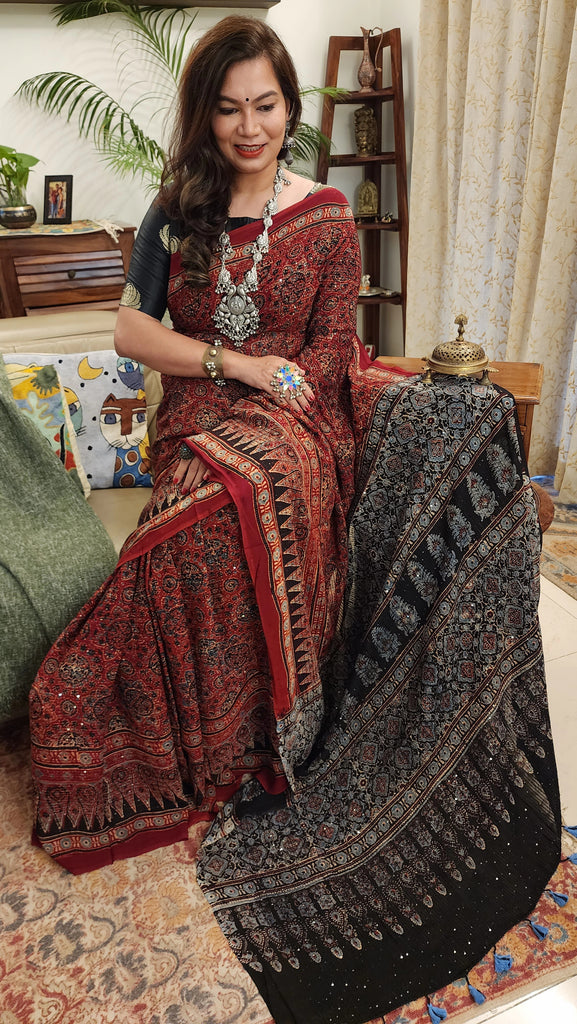 Zynah Madder Red Pure Georgette Silk Ajrakh Saree With Sequin Work; Custom Stitched/Ready-made Blouse, Fall, Petticoat; SKU: 3001202401