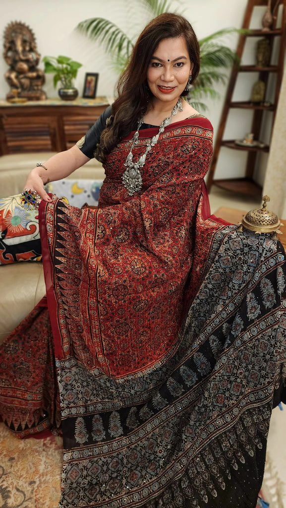 Zynah Madder Red Pure Georgette Silk Ajrakh Saree With Sequin Work; Custom Stitched/Ready-made Blouse, Fall, Petticoat; SKU: 3001202401