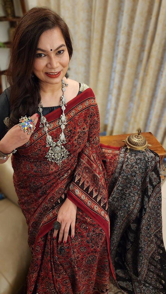 Zynah Madder Red Pure Georgette Silk Ajrakh Saree With Sequin Work; Custom Stitched/Ready-made Blouse, Fall, Petticoat; SKU: 3001202401