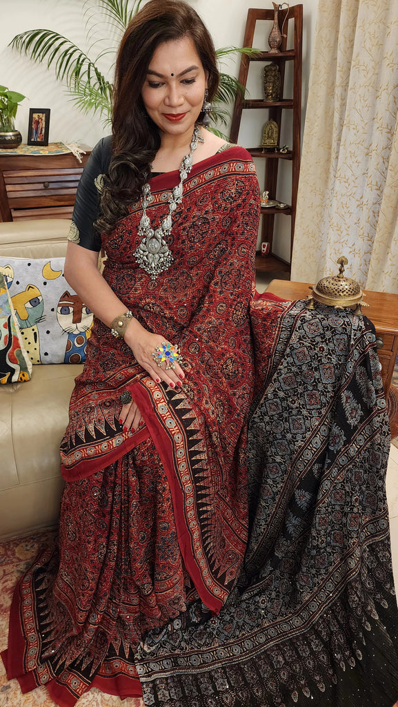 Zynah Madder Red Pure Georgette Silk Ajrakh Saree With Sequin Work; Custom Stitched/Ready-made Blouse, Fall, Petticoat; SKU: 3001202401