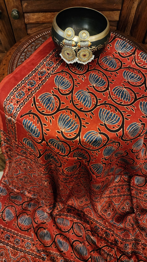 Zynah Madder Red Modal Silk Lotus Blocks Ajrakh Saree With Zari Lagdi Patta on Pallu; Custom Stitched/Ready-made Blouse, Fall, Petticoat; SKU:1701202301