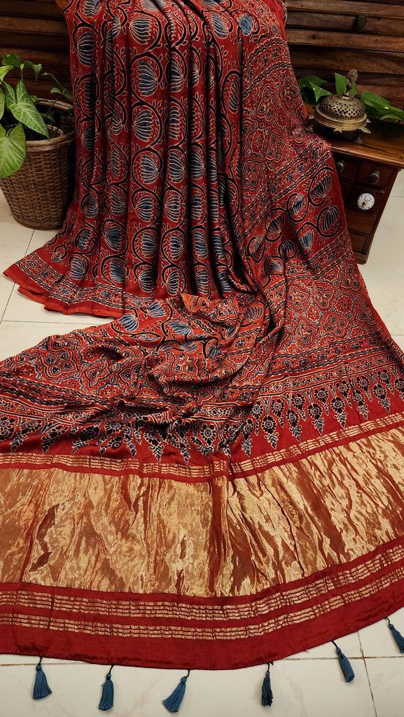Zynah Madder Red Modal Silk Lotus Blocks Ajrakh Saree With Zari Lagdi Patta on Pallu; Custom Stitched/Ready-made Blouse, Fall, Petticoat; SKU:1701202301
