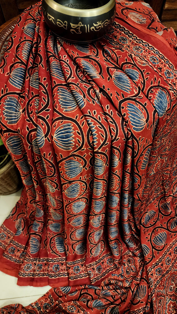 Zynah Madder Red Modal Silk Lotus Blocks Ajrakh Saree With Zari Lagdi Patta on Pallu; Custom Stitched/Ready-made Blouse, Fall, Petticoat; SKU:1701202301