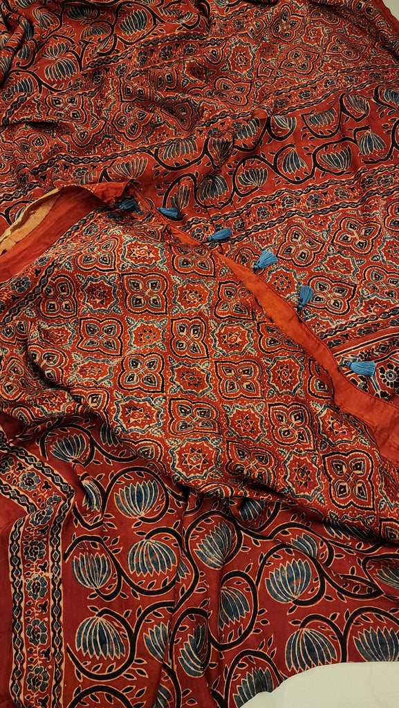 Zynah Madder Red Modal Silk Lotus Blocks Ajrakh Saree With Zari Lagdi Patta on Pallu; Custom Stitched/Ready-made Blouse, Fall, Petticoat; SKU:1701202301
