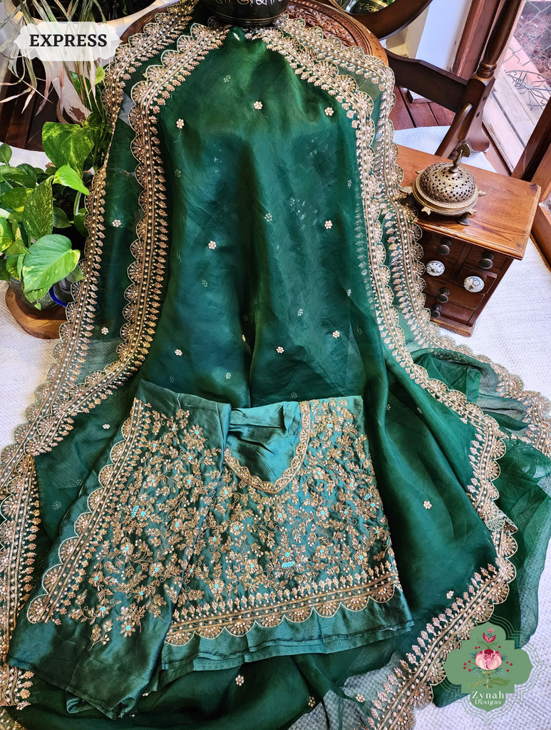 Zynah Bottle Green Organza Silk Saree With Zardozi & Maggam Hand Embroidery; Custom Stitched/Ready-made Blouse, Fall, Petticoat; SKU: 0708202402