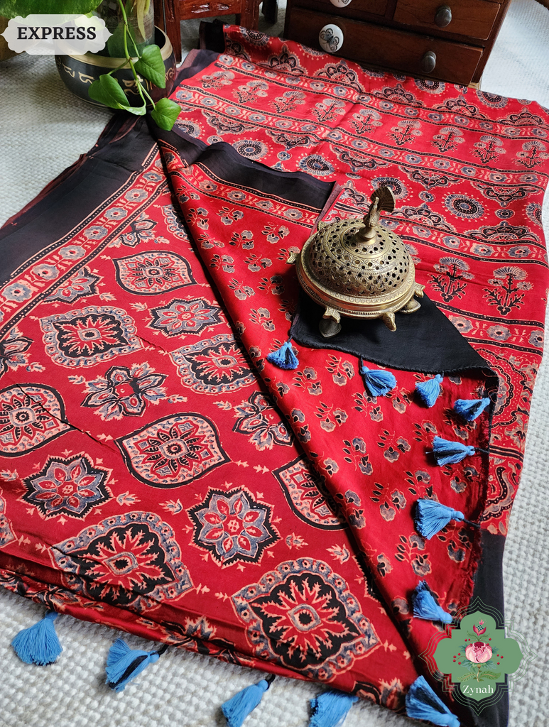 Madder Red Ajrakh Modal Silk Saree, Crafted Using The Traditional Method Of Hand Block Printing Using 100% Natural Dyes
