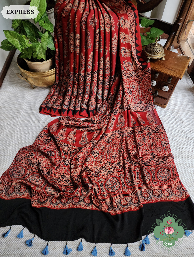 Madder Red Ajrakh Modal Silk Saree, Crafted Using The Traditional Method Of Hand Block Printing Using 100% Natural Dyes