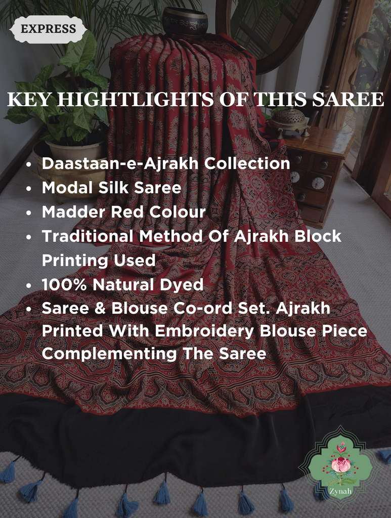 Madder Red Ajrakh Modal Silk Saree, Crafted Using The Traditional Method Of Hand Block Printing Using 100% Natural Dyes