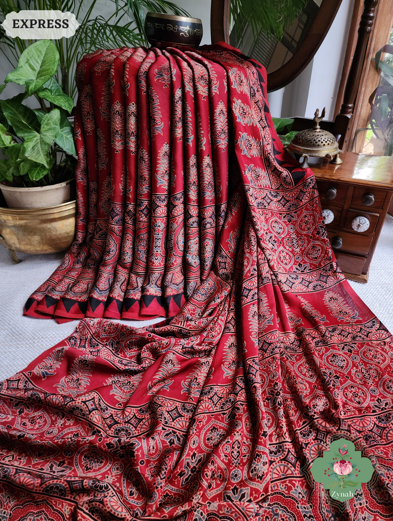 Madder Red Ajrakh Modal Silk Saree, Crafted Using The Traditional Method Of Hand Block Printing Using 100% Natural Dyes