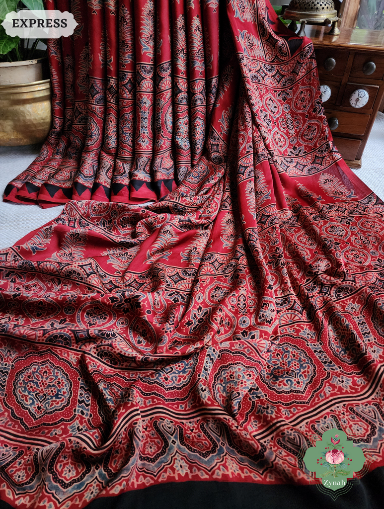 Madder Red Ajrakh Modal Silk Saree, Crafted Using The Traditional Method Of Hand Block Printing Using 100% Natural Dyes