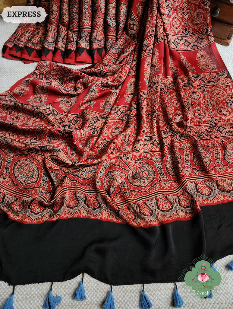 Madder Red Ajrakh Modal Silk Saree, Crafted Using The Traditional Method Of Hand Block Printing Using 100% Natural Dyes