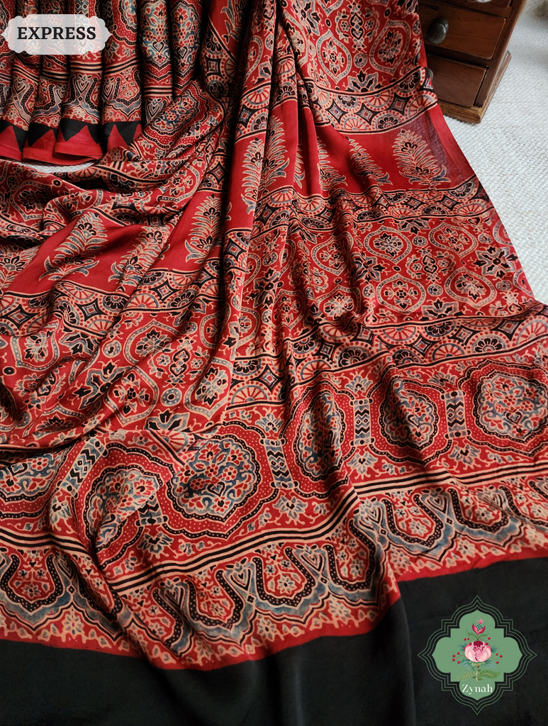 Madder Red Ajrakh Modal Silk Saree, Crafted Using The Traditional Method Of Hand Block Printing Using 100% Natural Dyes