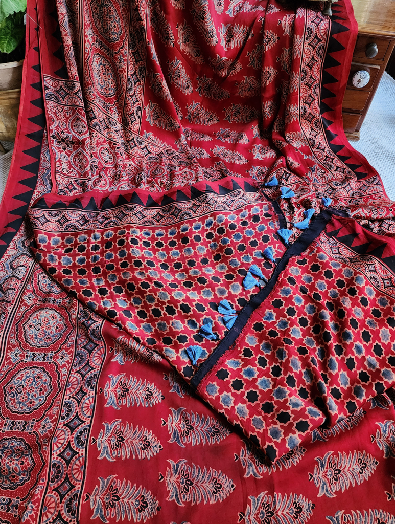 Madder Red Ajrakh Modal Silk Saree, Crafted Using The Traditional Method Of Hand Block Printing Using 100% Natural Dyes