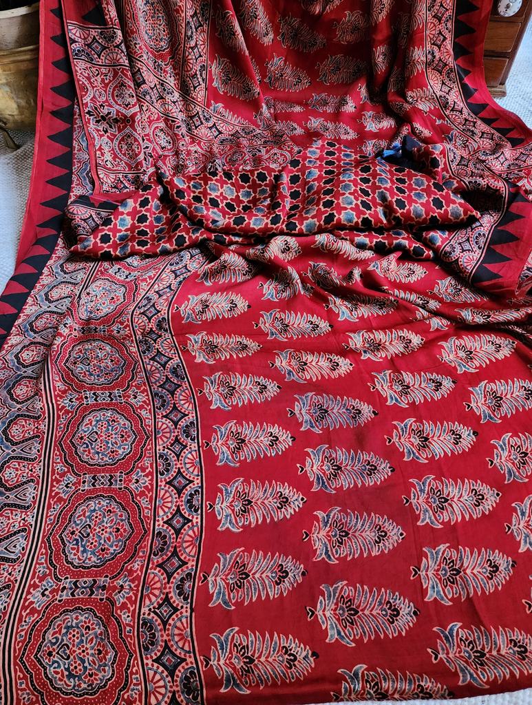 Madder Red Ajrakh Modal Silk Saree, Crafted Using The Traditional Method Of Hand Block Printing Using 100% Natural Dyes