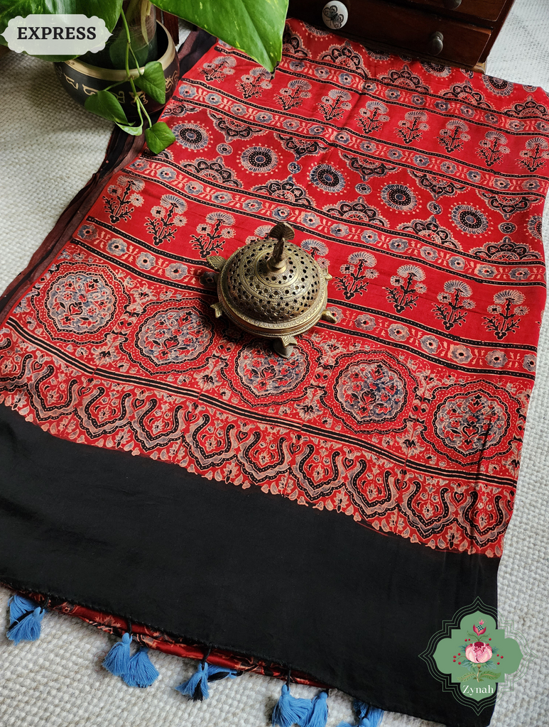 Madder Red Ajrakh Modal Silk Saree, Crafted Using The Traditional Method Of Hand Block Printing Using 100% Natural Dyes