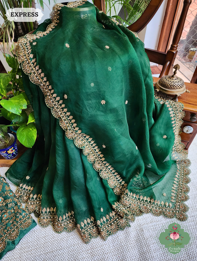 Zynah Bottle Green Organza Silk Saree With Zardozi & Maggam Hand Embroidery; Custom Stitched/Ready-made Blouse, Fall, Petticoat; SKU: 0708202402