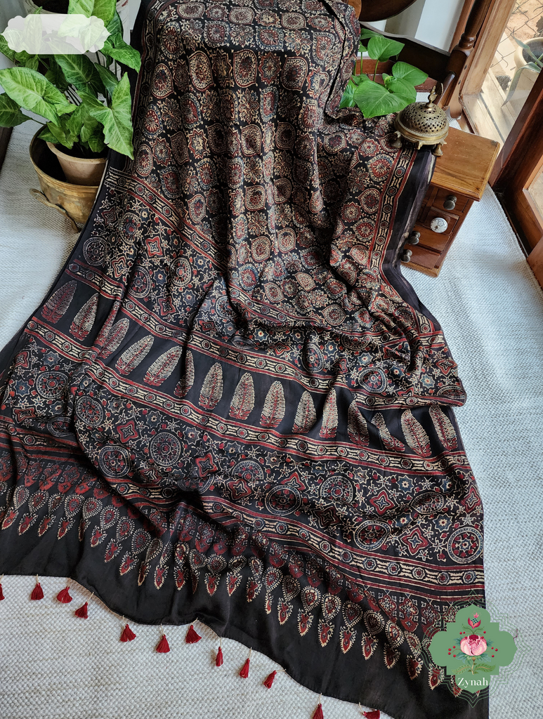 Dark Brown Ajrakh Modal Silk Saree, Crafted Using The Traditional Method Of Hand Block Printing Using 100% Natural Dyes
