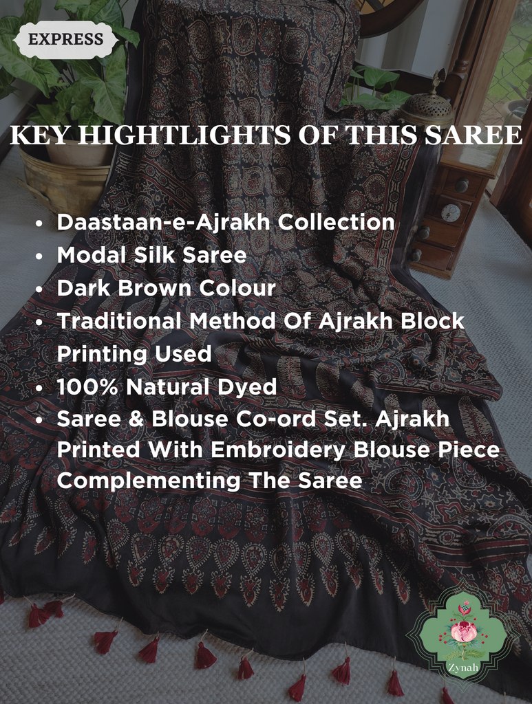 Dark Brown Ajrakh Modal Silk Saree, Crafted Using The Traditional Method Of Hand Block Printing Using 100% Natural Dyes
