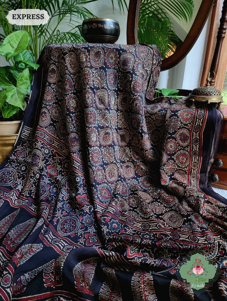 Dark Brown Ajrakh Modal Silk Saree, Crafted Using The Traditional Method Of Hand Block Printing Using 100% Natural Dyes