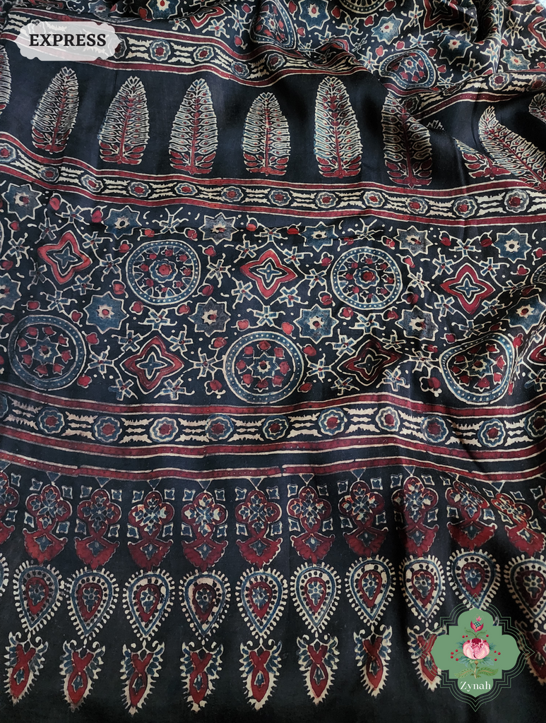 Dark Brown Ajrakh Modal Silk Saree, Crafted Using The Traditional Method Of Hand Block Printing Using 100% Natural Dyes