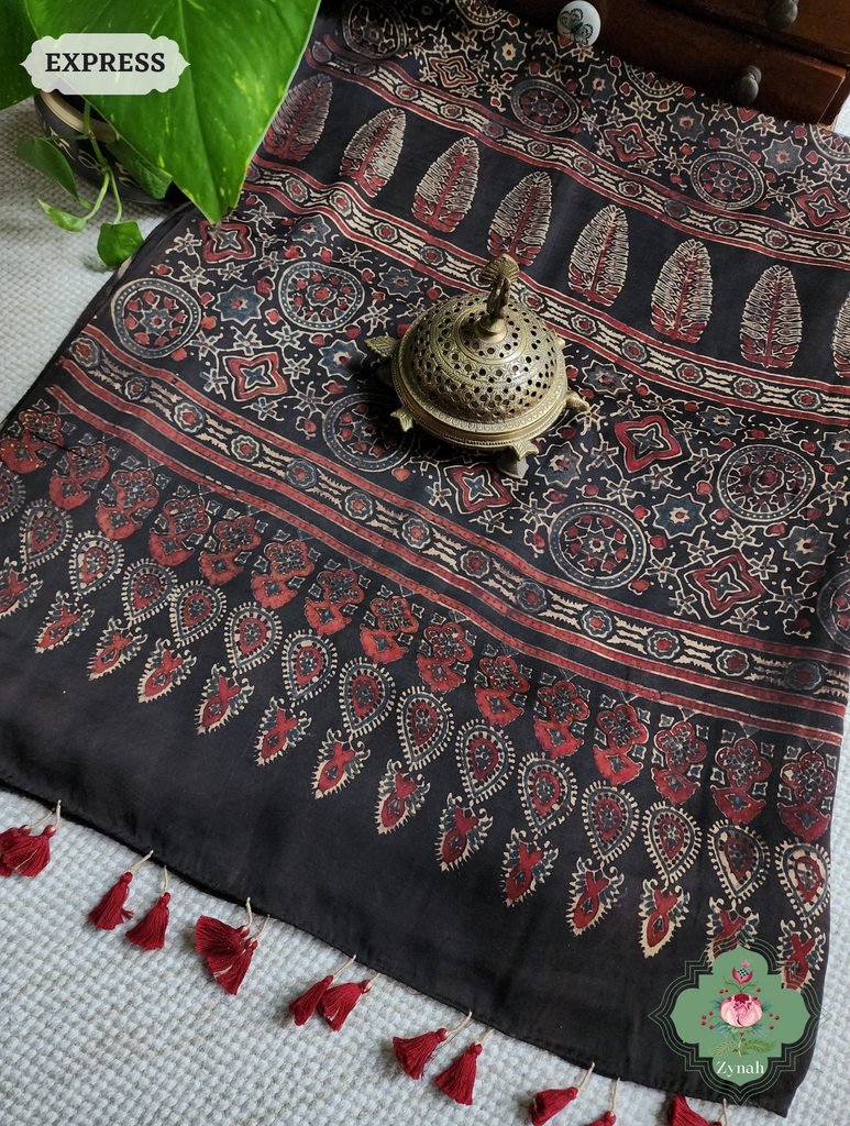 Dark Brown Ajrakh Modal Silk Saree, Crafted Using The Traditional Method Of Hand Block Printing Using 100% Natural Dyes